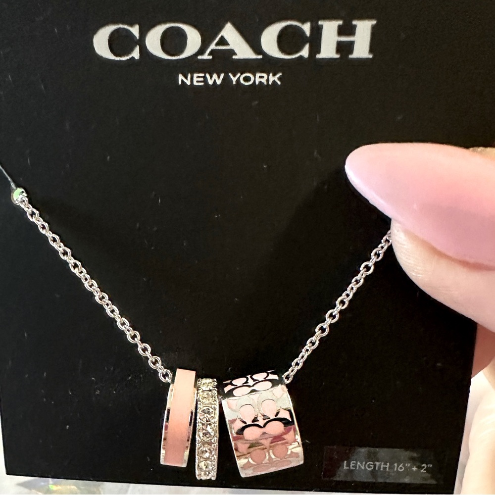 Coach Signature Enamel Necklace Silver/PINK Lobster Clasp Adjustable 16”+2”